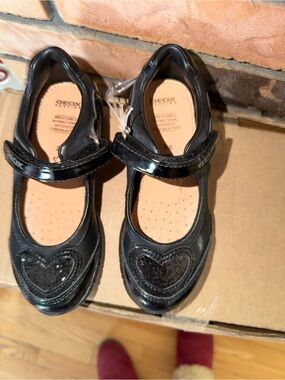 Geox Girls Black Patent Mary Janes with Heart Accent
